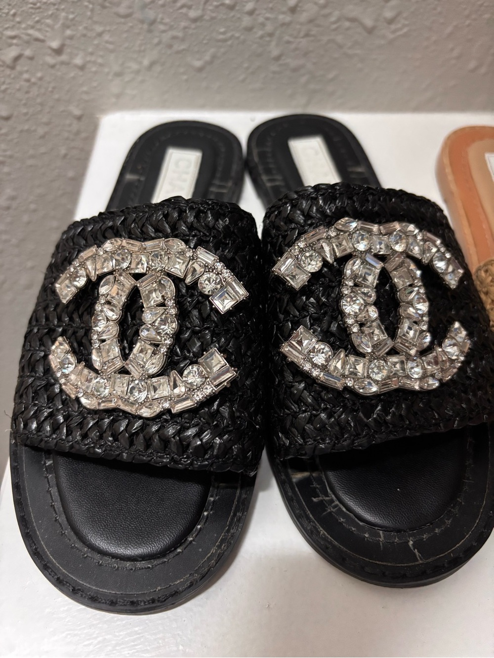 CHANEL Black Braided Slide Sandals with Crystal CC Emblem
